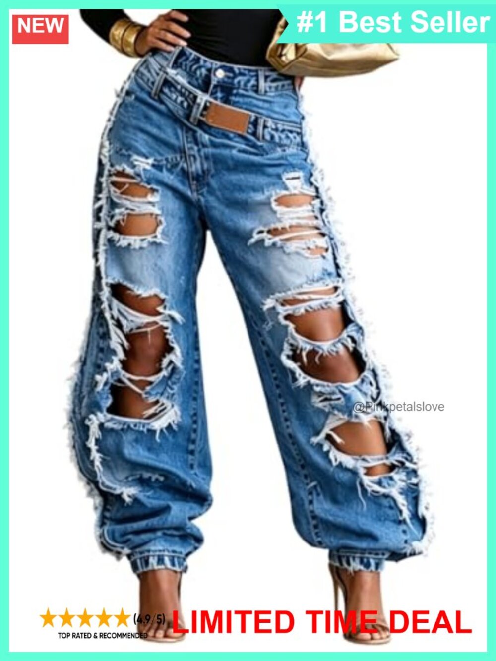 Ripped High Waisted Distressed Cutout Barrel Wide Leg Cargo Denim Jogger Pants